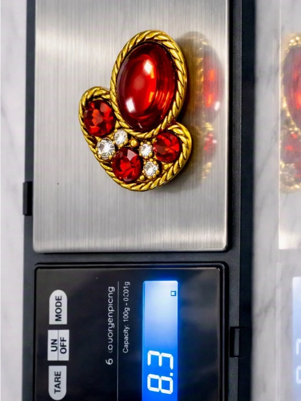 1940s Signed Eisenberg Ruby Jelly Belly Scatter Pin • Red Cabochon & Rhinestone